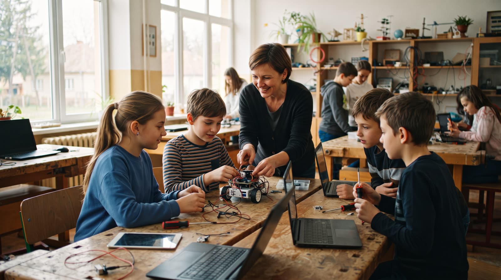 Учні в STEM-лабораторії збирають робота